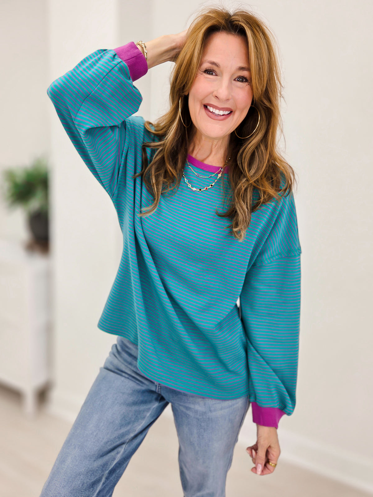 Vintage Stripe Contrast Trim Pullover