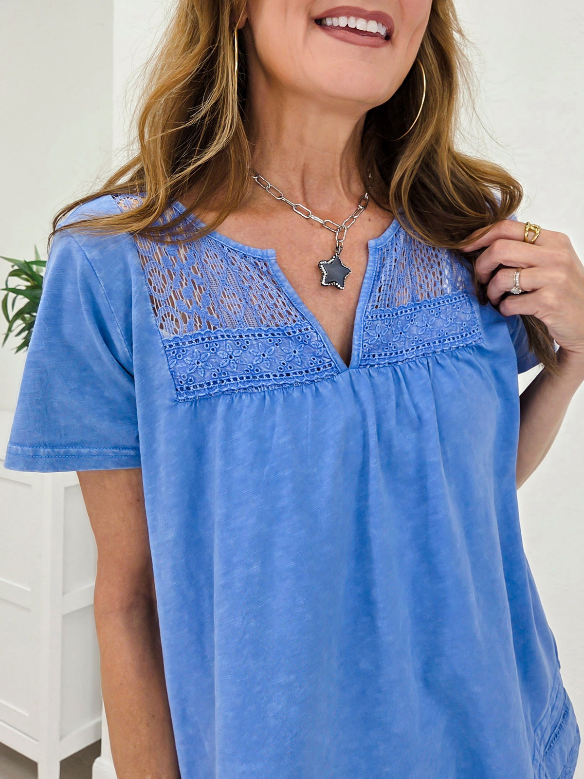 Lace Trim Detailing Washed Cotton Top