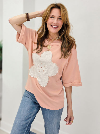 FLORAL PATCH FRONT WASHED TERRY TOP