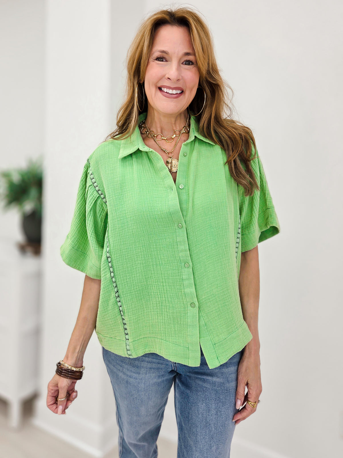 WASHED COTTON GAUZE BUTTON DOWN SHIRT