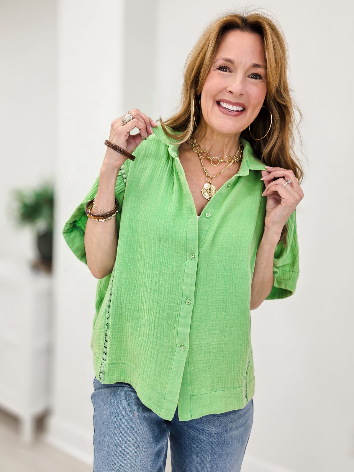 WASHED COTTON GAUZE BUTTON DOWN SHIRT