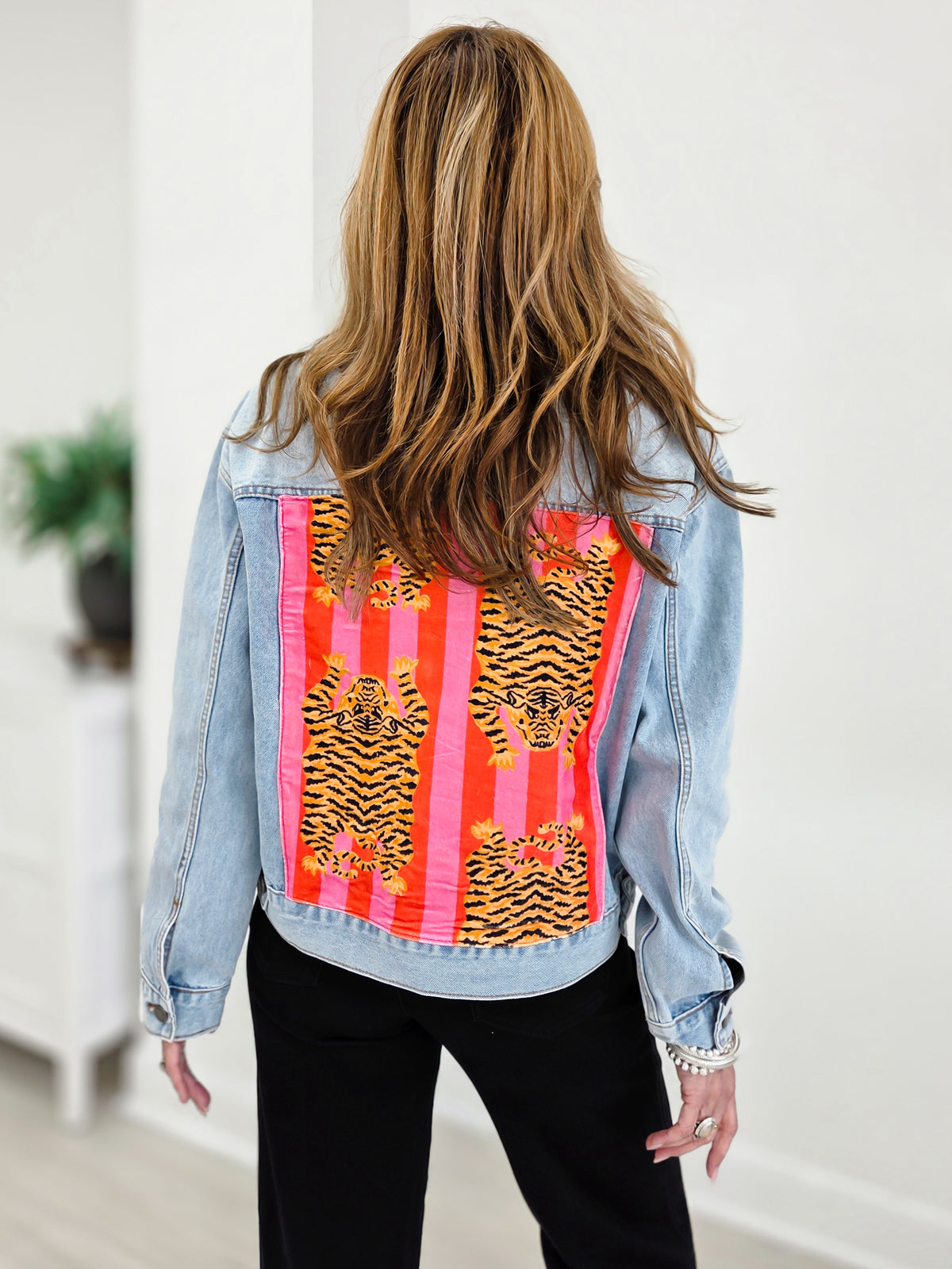 Classic Denim Jacket with Back Tiger Patch Print