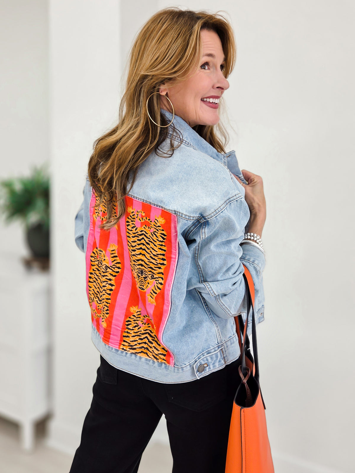 Classic Denim Jacket with Back Tiger Patch Print
