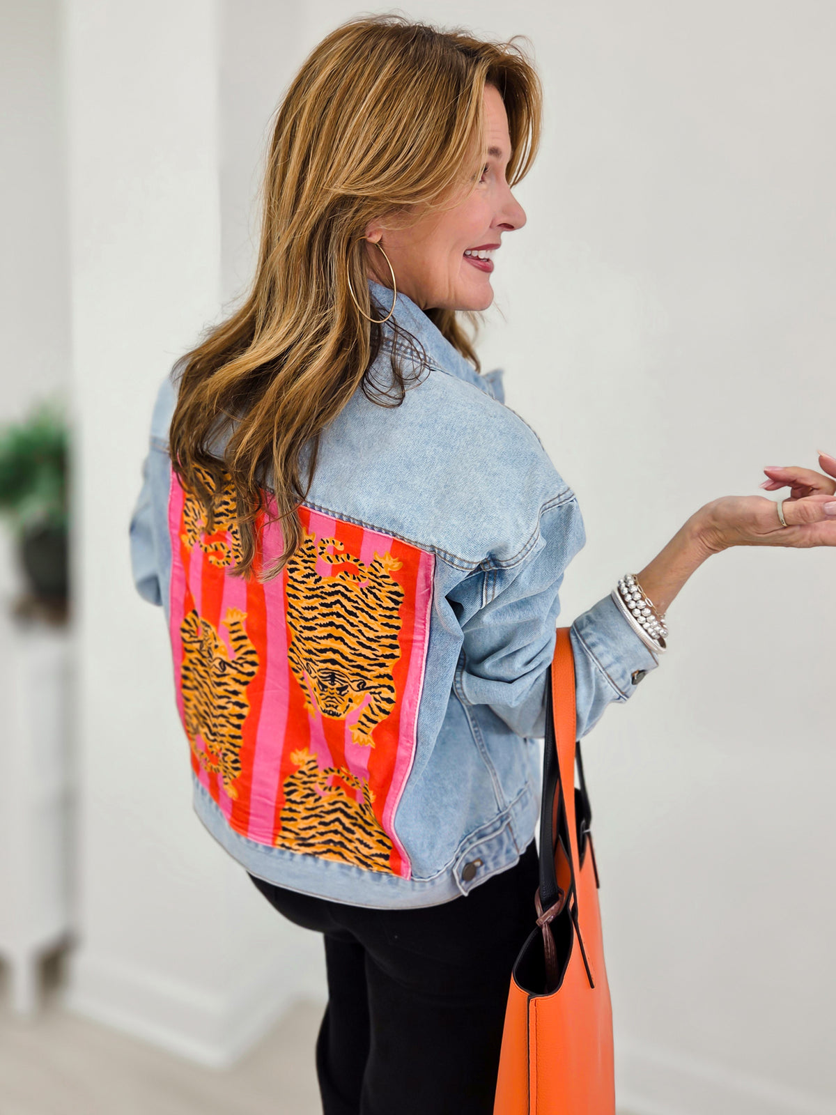 Classic Denim Jacket with Back Tiger Patch Print