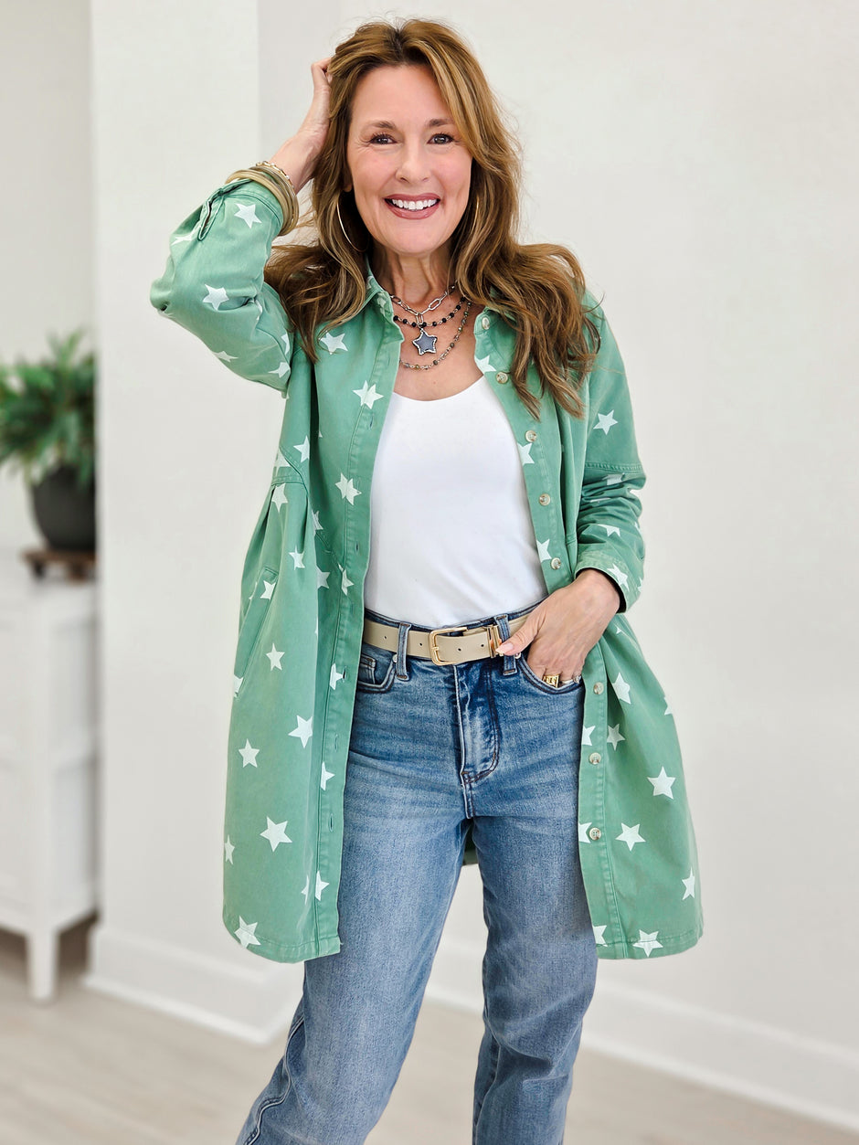 Star Print Washed Raglan Sleeve Tunic Shirt