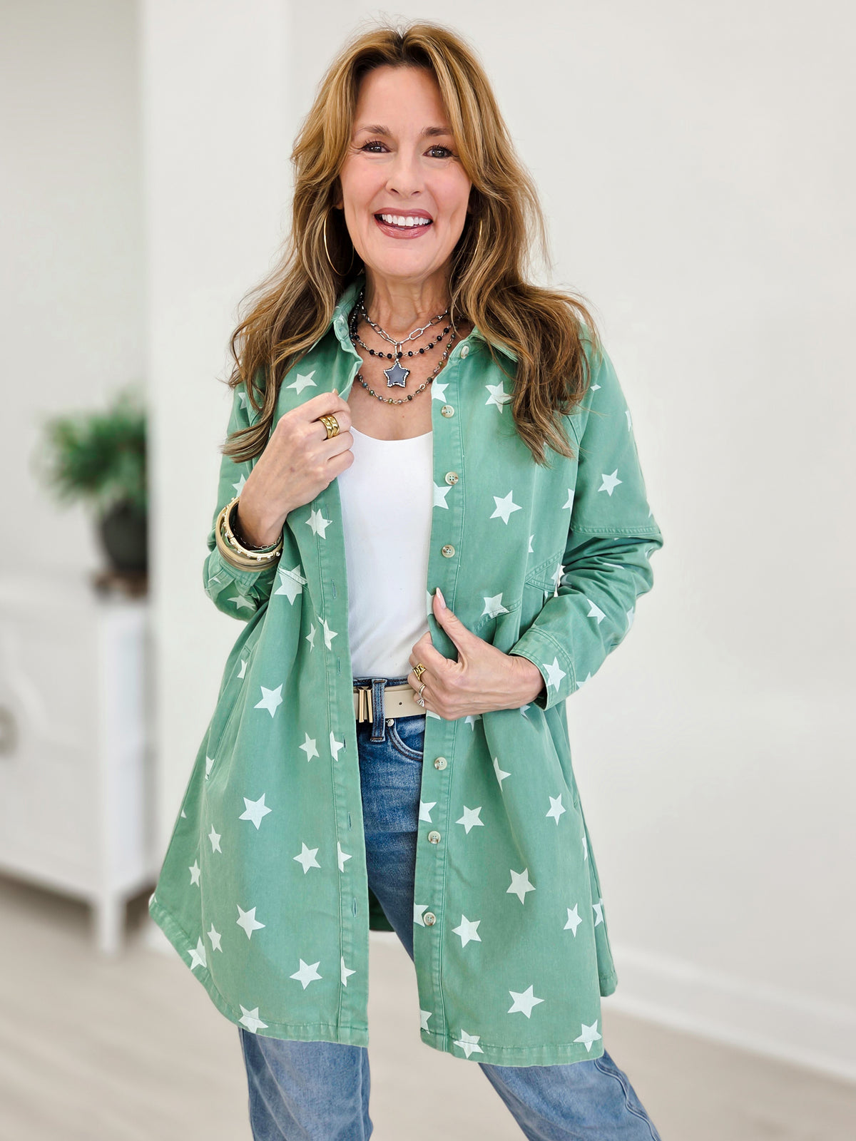Star Print Washed Raglan Sleeve Tunic Shirt