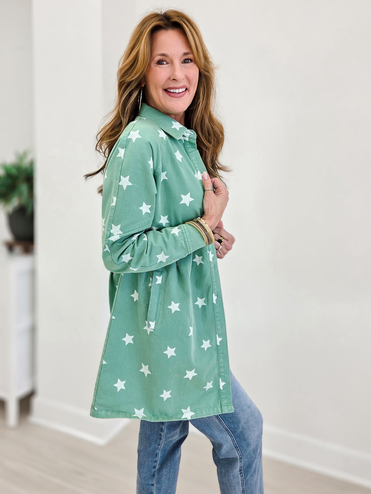 Star Print Washed Raglan Sleeve Tunic Shirt