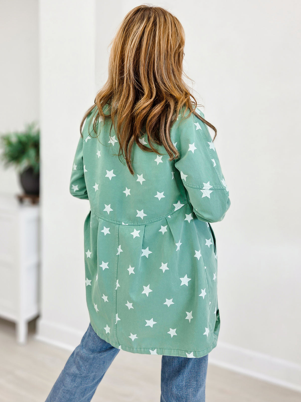 Star Print Washed Raglan Sleeve Tunic Shirt