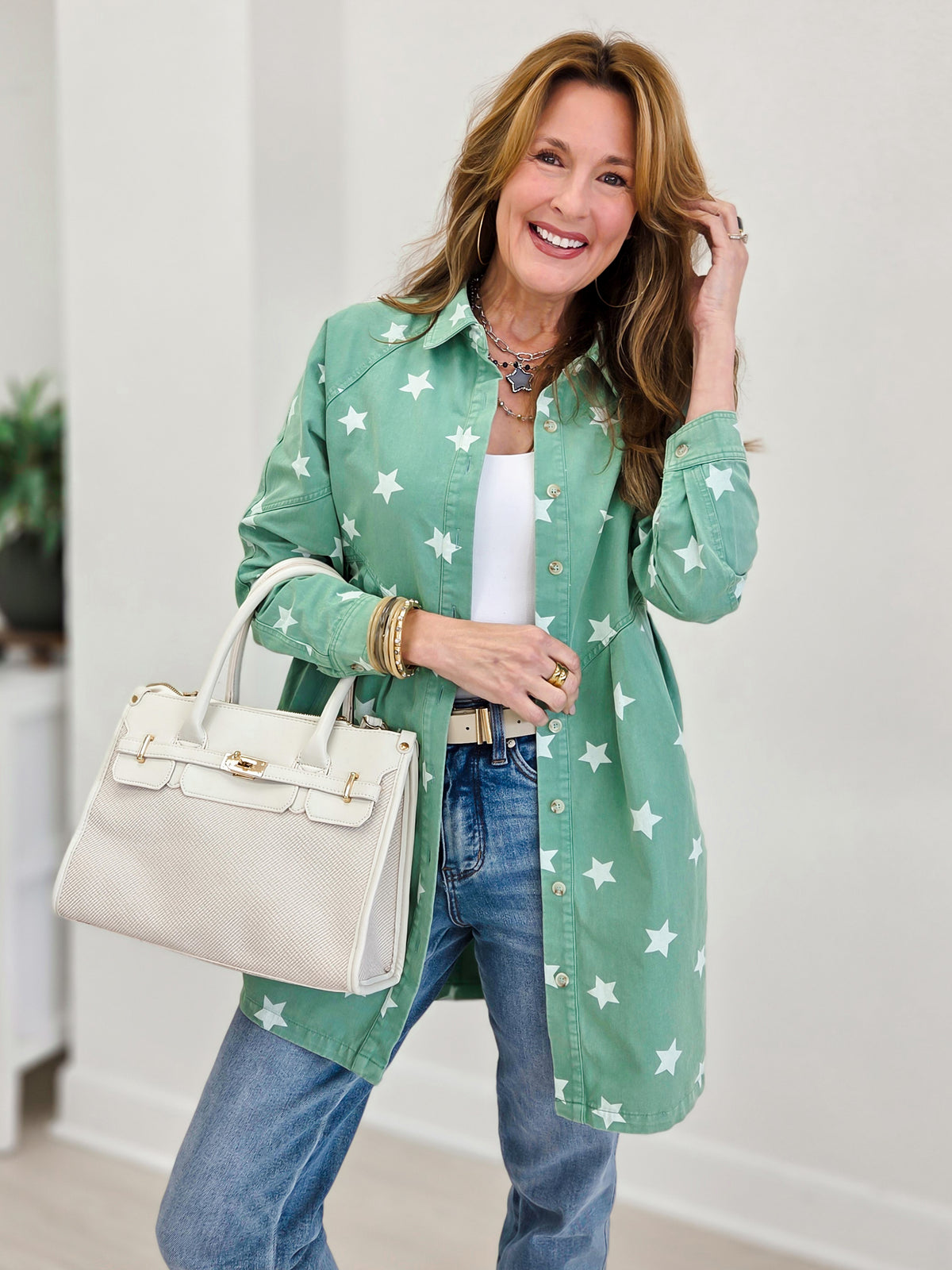 Star Print Washed Raglan Sleeve Tunic Shirt