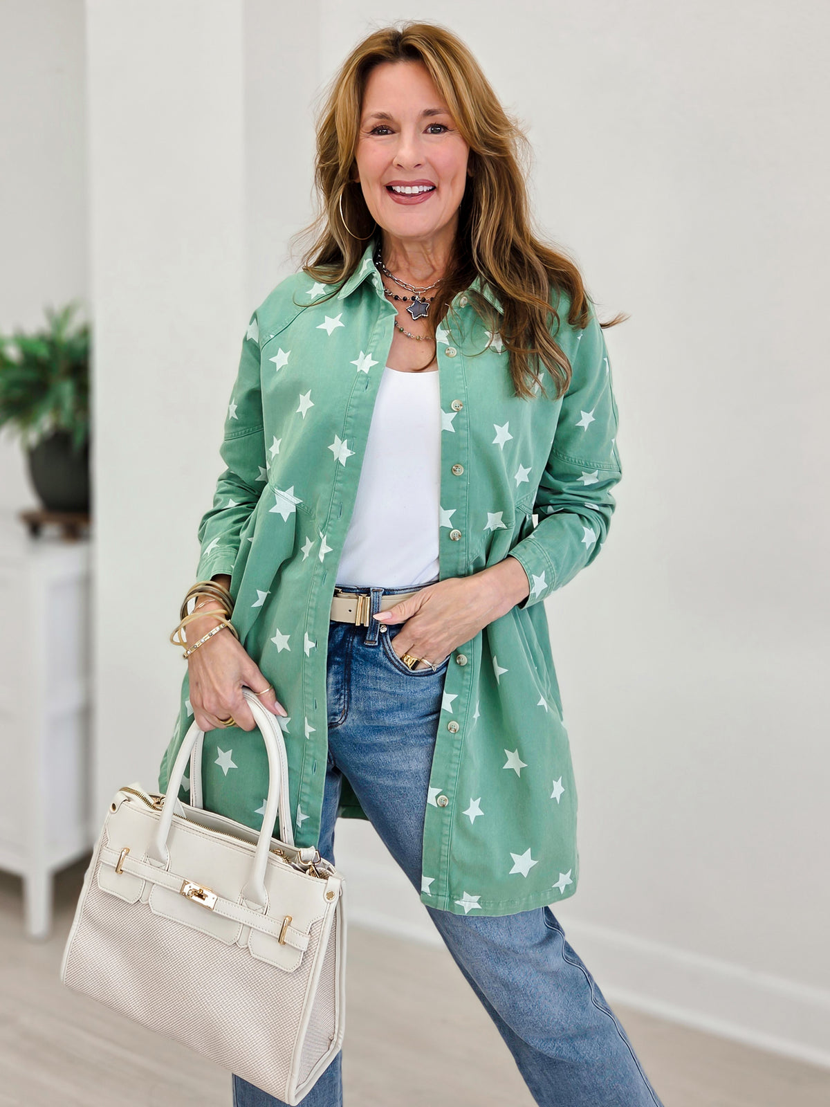 Star Print Washed Raglan Sleeve Tunic Shirt