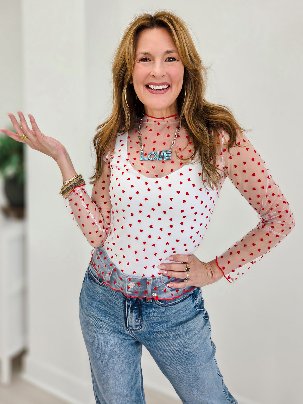 Flocked Heart Sheer Mesh Mock Neck Top