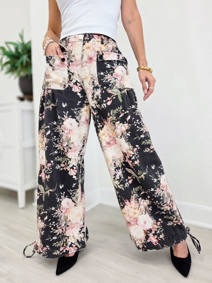 Floral Denim Wide-Leg Utility Pants