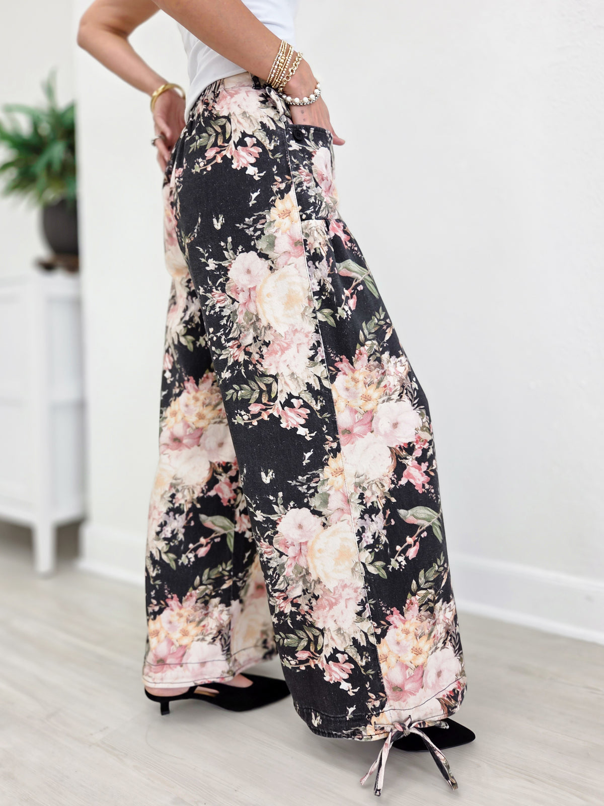 Floral Denim Wide-Leg Utility Pants