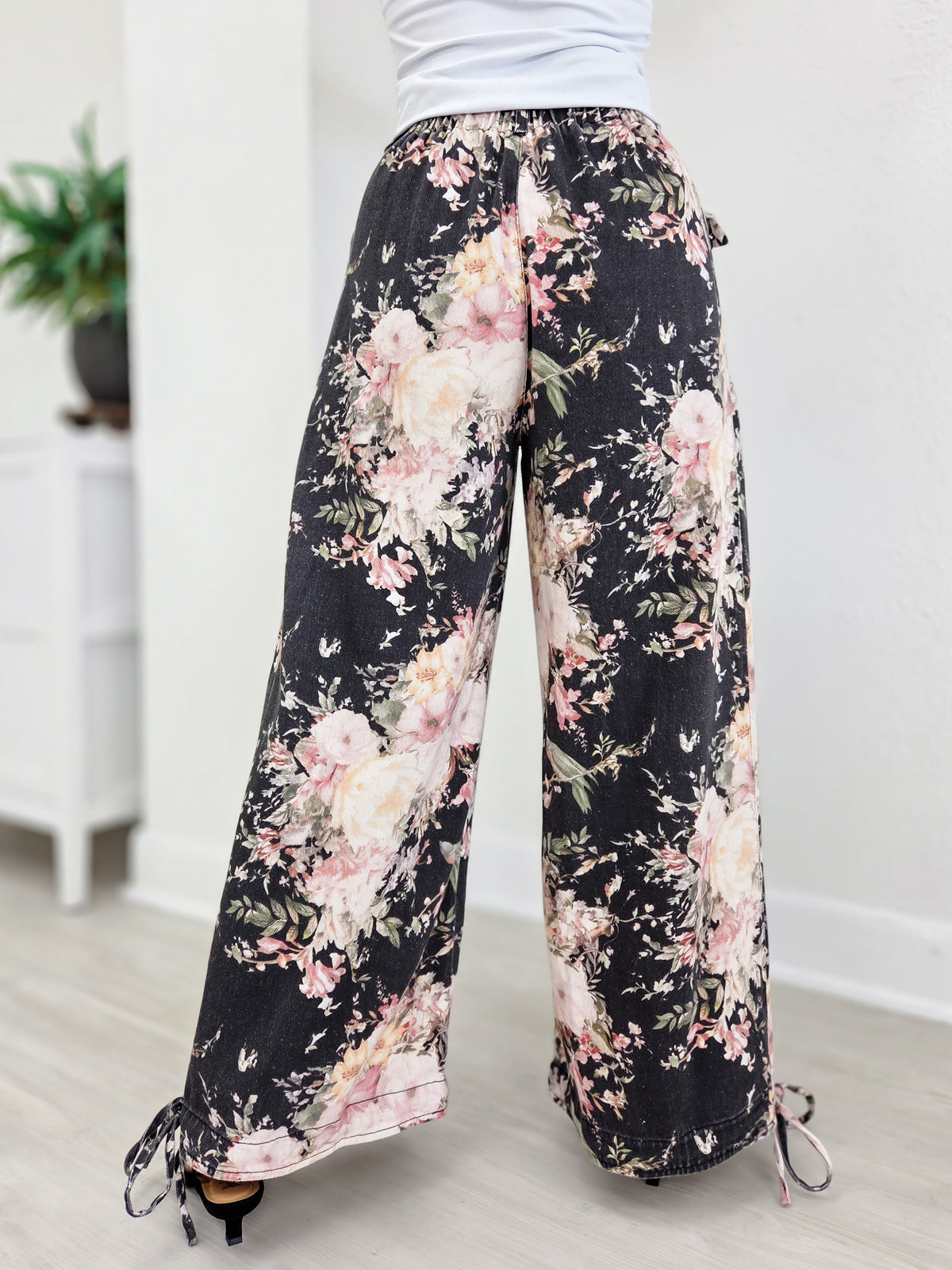 Floral Denim Wide-Leg Utility Pants