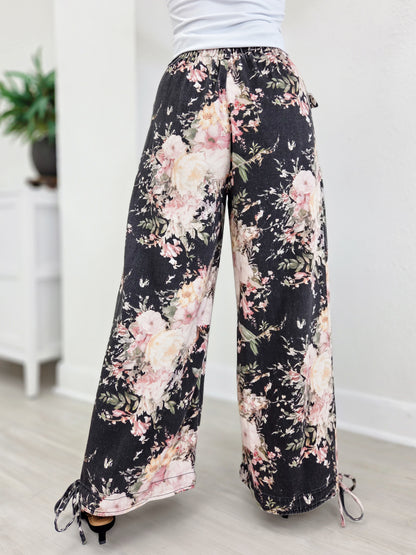 Floral Denim Wide-Leg Utility Pants