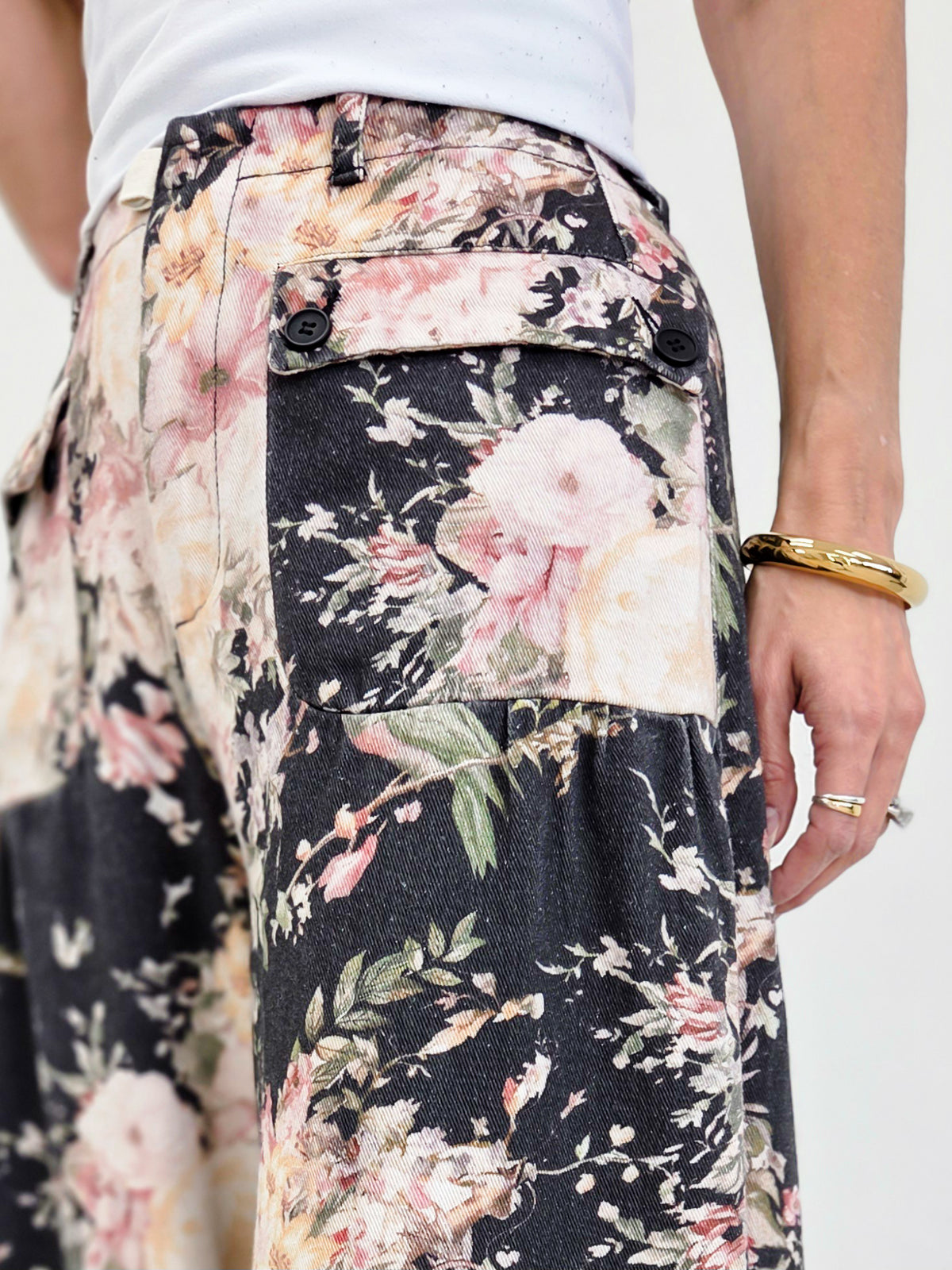 Floral Denim Wide-Leg Utility Pants