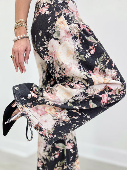 Floral Denim Wide-Leg Utility Pants