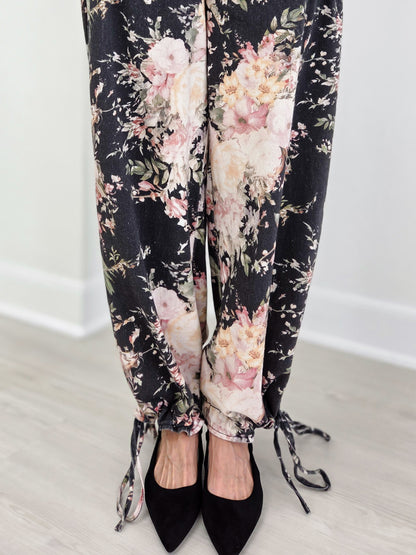 Floral Denim Wide-Leg Utility Pants