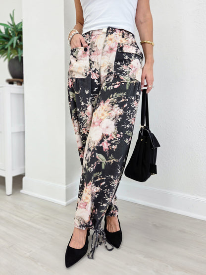 Floral Denim Wide-Leg Utility Pants