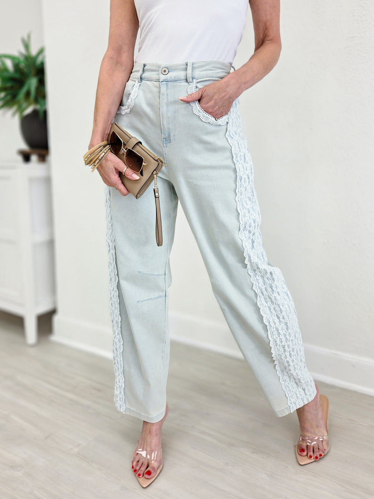 High Waist Lace Trim Baggy Jeans