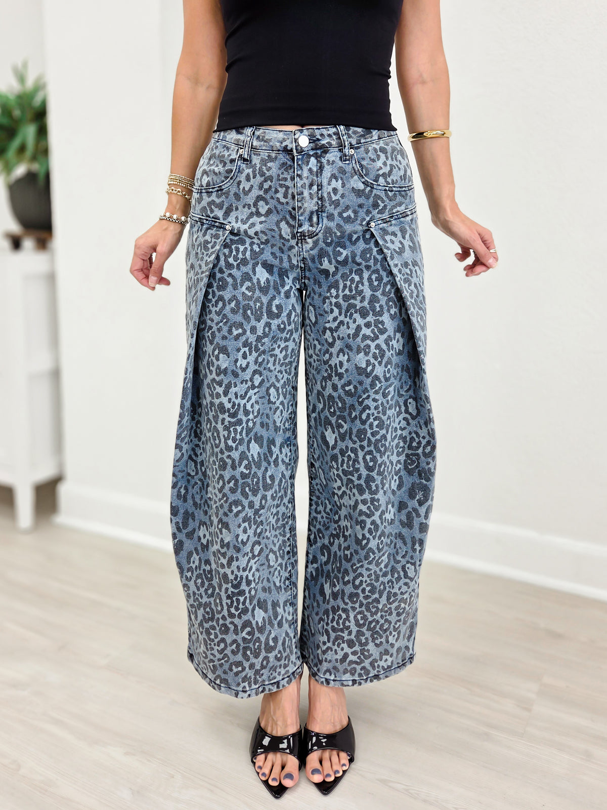 Washed Leopard Print Wide-Leg Denim Pants