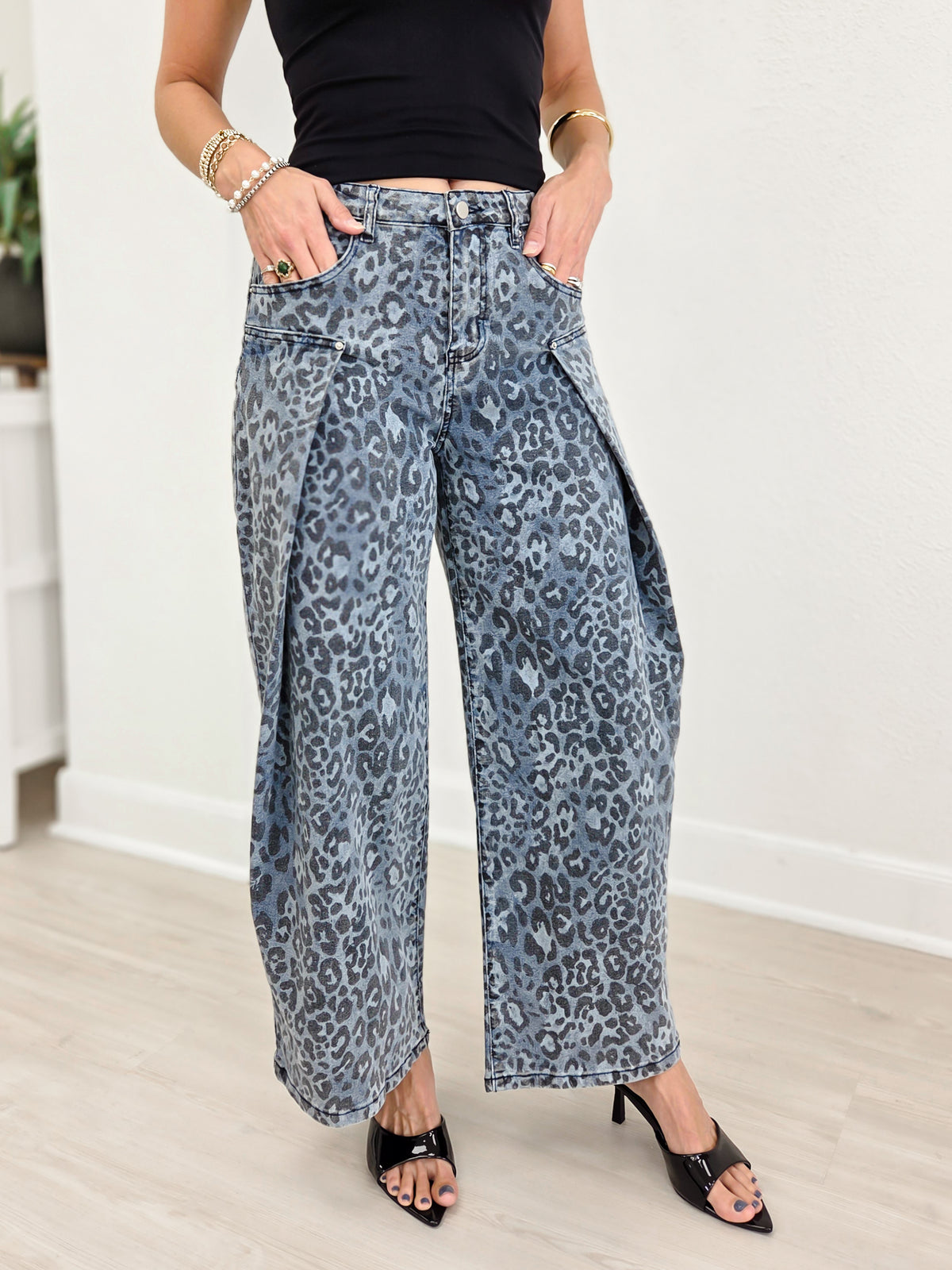 Washed Leopard Print Wide-Leg Denim Pants