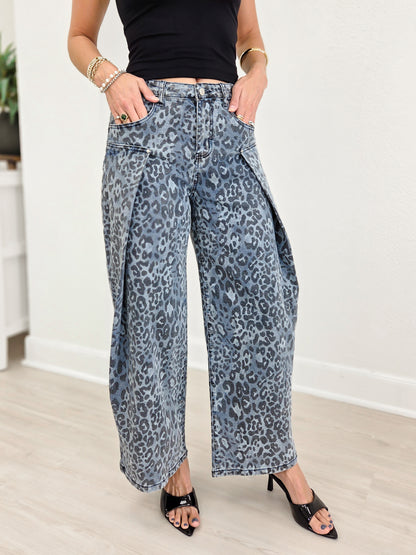 Washed Leopard Print Wide-Leg Denim Pants