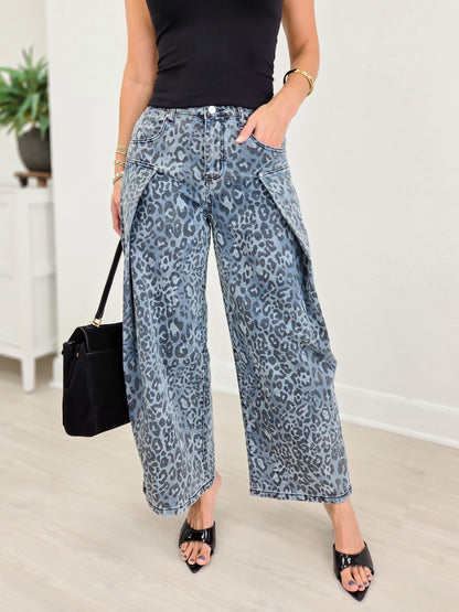 Washed Leopard Print Wide-Leg Denim Pants