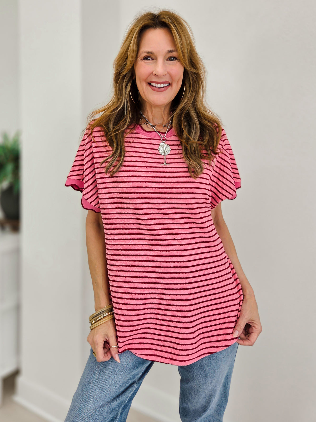 Scallop Trim Stripe Knit Top