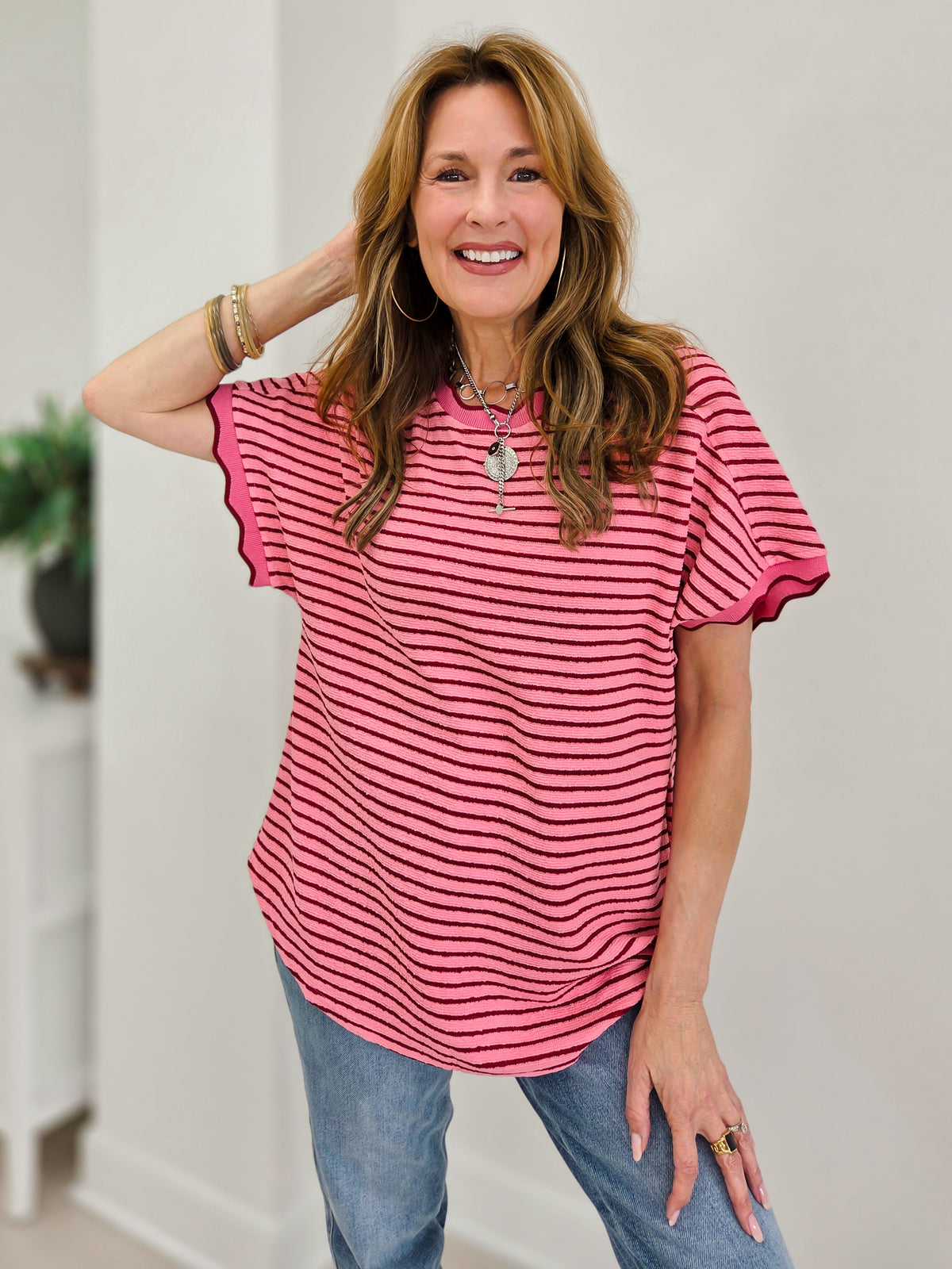 Scallop Trim Stripe Knit Top