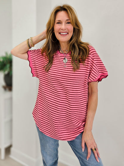 Scallop Trim Stripe Knit Top