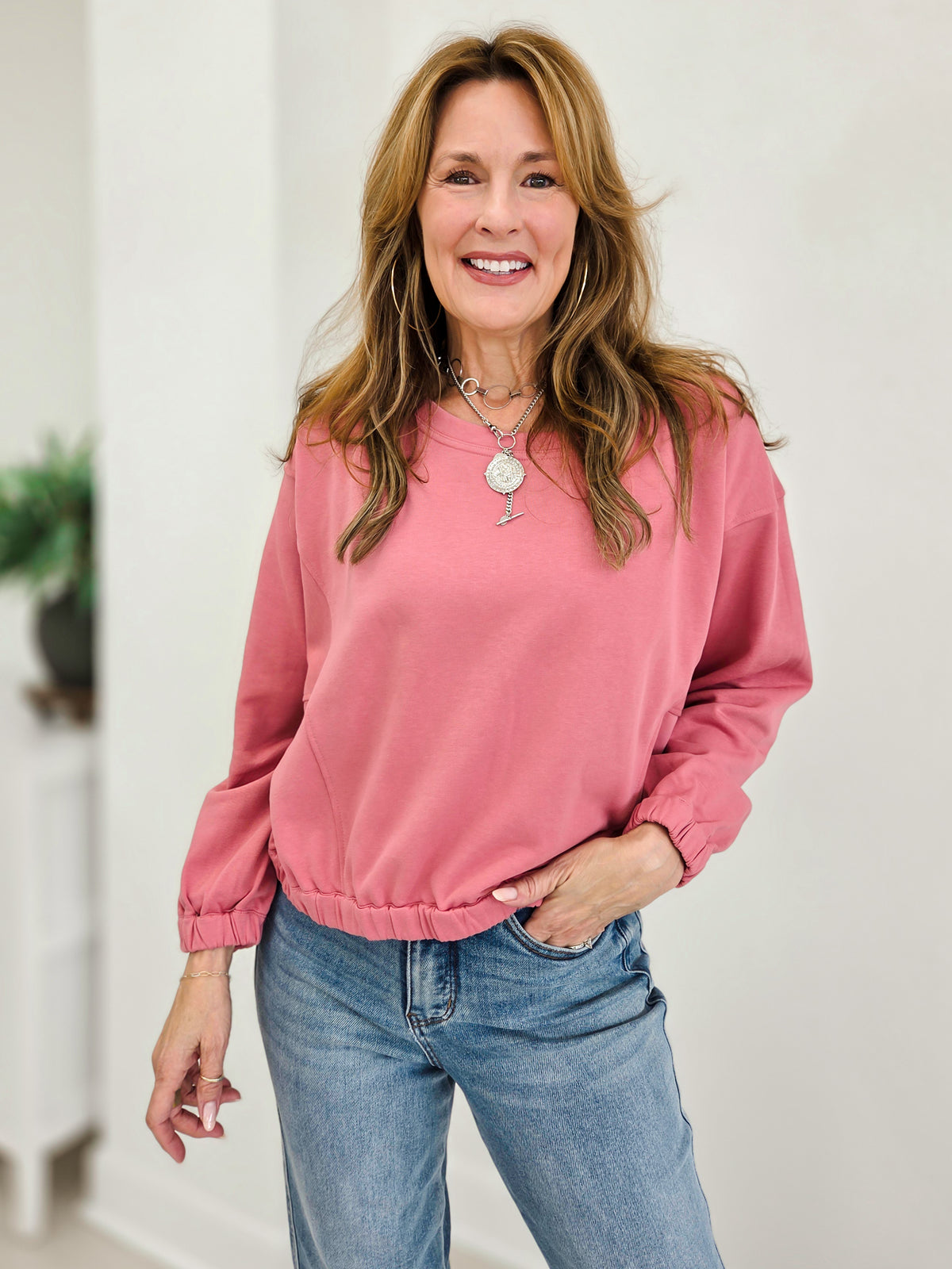 Cotton Long Sleeve Wide Neck Top