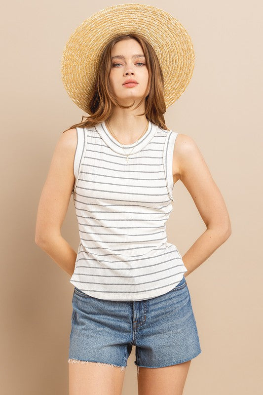 Striped Rib Round Neck Top