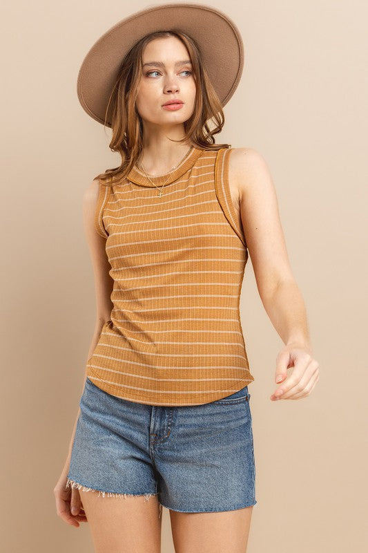 Striped Rib Round Neck Top