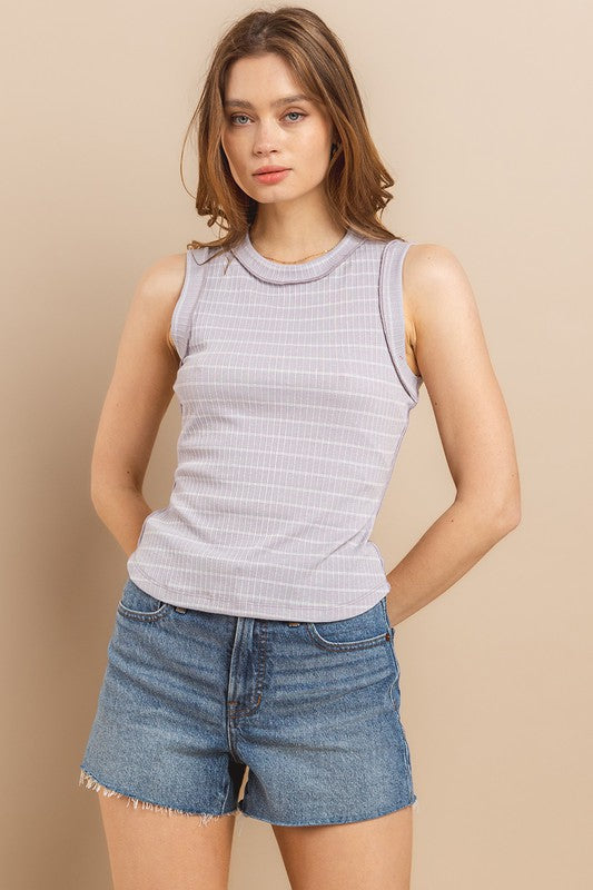 Striped Rib Round Neck Top