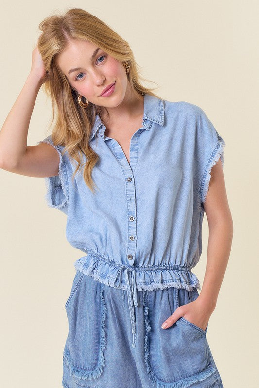 Elastic Waist Denim Crop Shirt