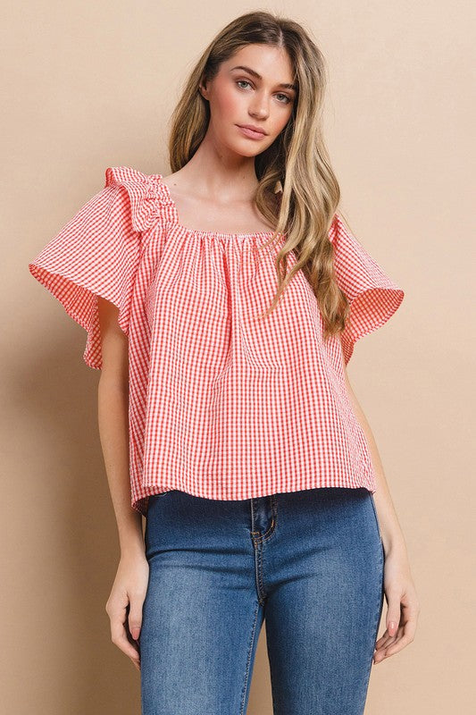 Gingham Square Neck Ruffle Blouse