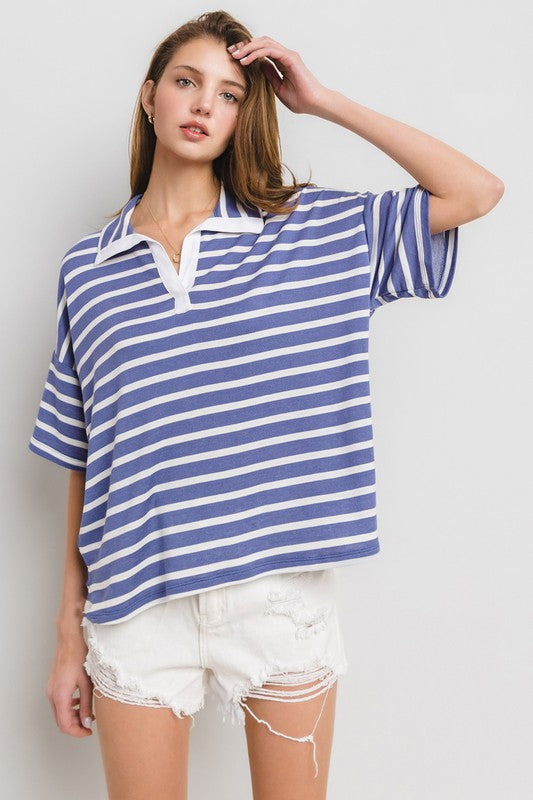 Striped Collared Drop Shoulder Top