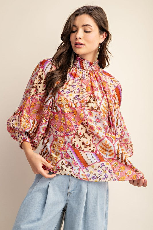 Artisan Printed Mock Neck Blouse with Smocked Detail