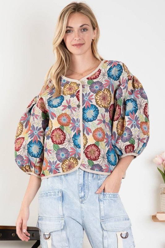 FLORAL EMBROIDERY 3/4 SLV SHORT JACKET