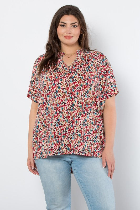 Wrinkle Free Short Sleeve V-Neck Print Top