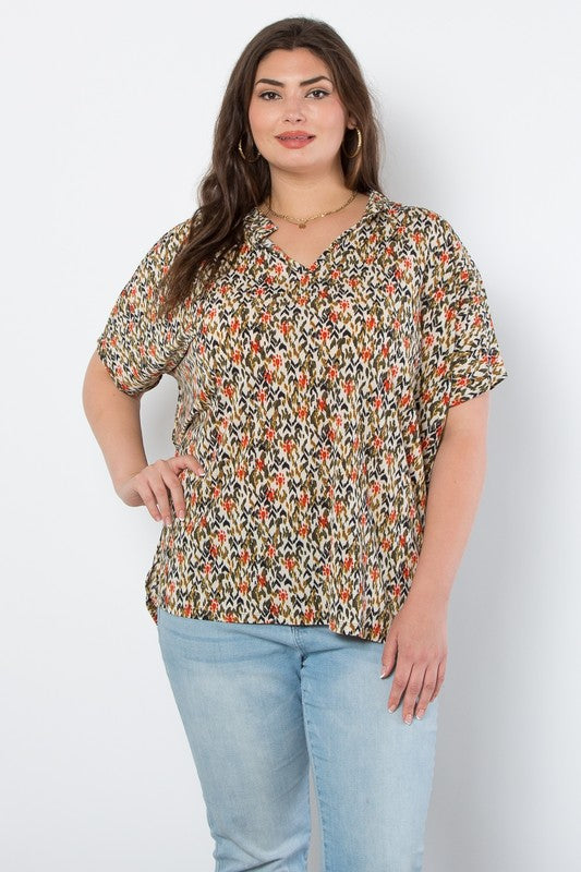 Wrinkle Free Short Sleeve V-Neck Print Top