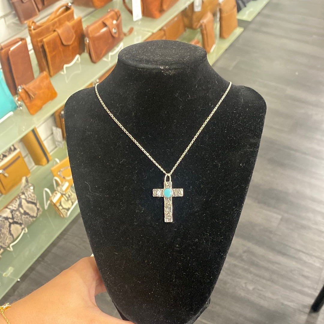 Every Rose Has It's Thorn Turquoise Cross Necklace