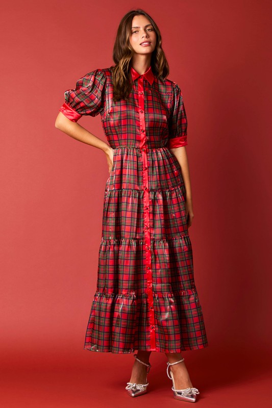 Christmas Plaid Print Silky Organza Midi Dress