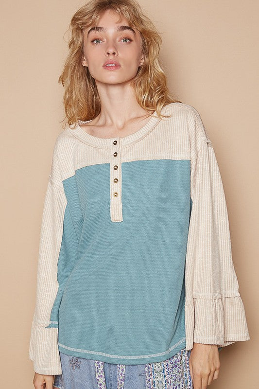 Oversized round neck ruffle sleeve solid top