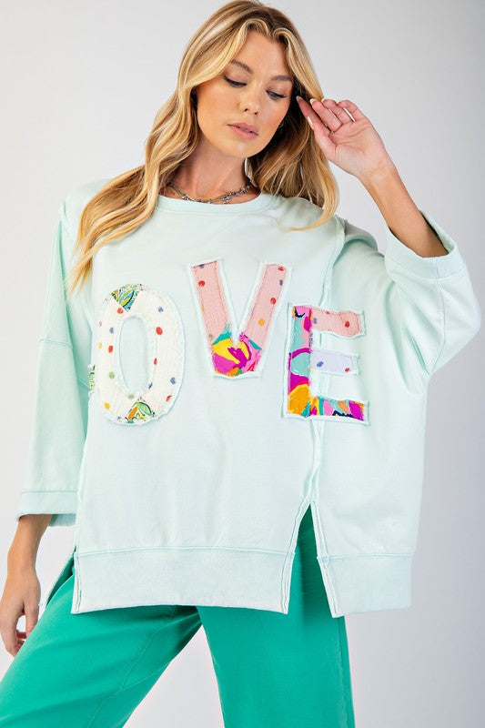 Washed Love Patch Terry Knit Pullover Top