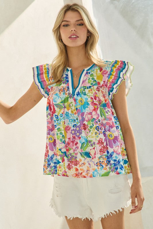 Multicolor Floral Print Top with Flutter Sleeves