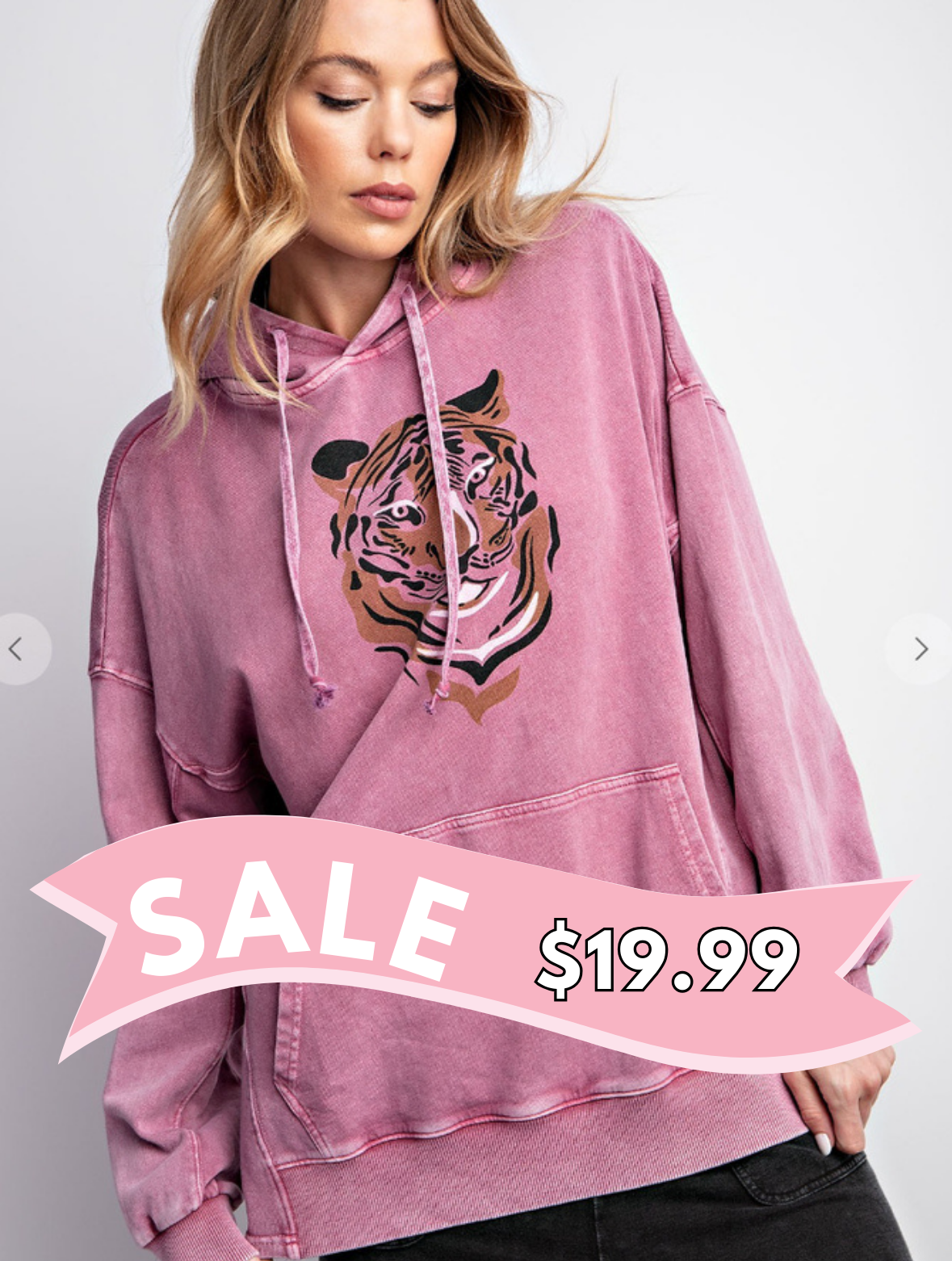 WASHED TERRY TIGER PRINTED PULLOVER HOODIE