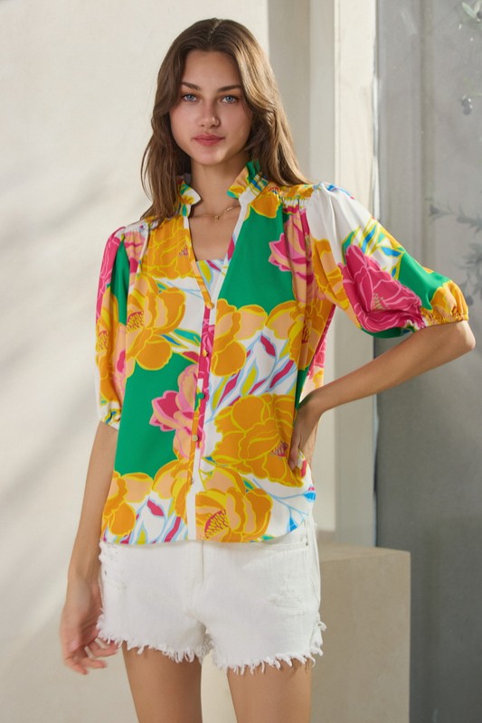 Floral Printed Top with 3/4" Sleeves and Faux Front Button