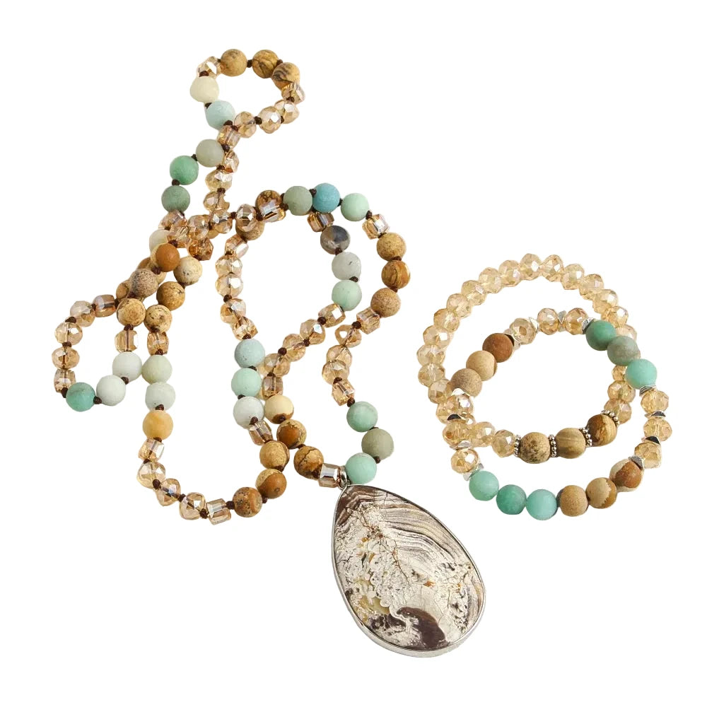 8MM Natural Stone Drop Pendant Necklace & Matching Stack Bracelet Set in Brown